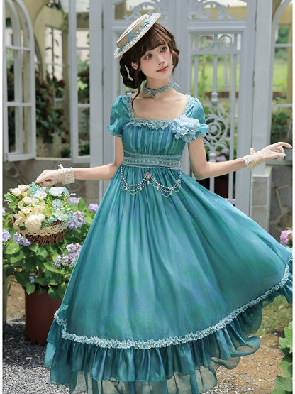 Ruffle Teal Lolita Dress with Chain, Choker & Hat Set - Classic - With PUJI