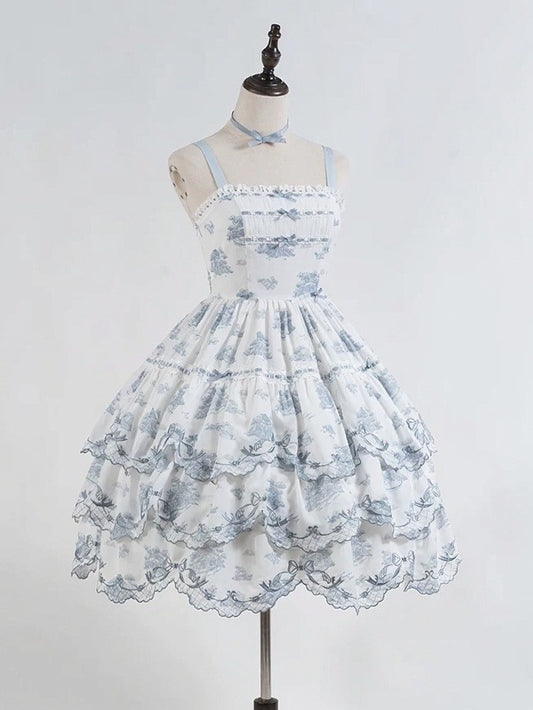 White & Blue Floral Embroidered Lolita Jumper Skirt with Detachable Belt - CEL