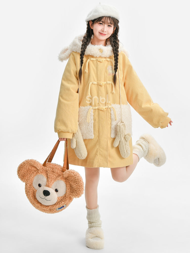 Milchgelber süßer Cord-Dufflecoat mit Lammkapuze