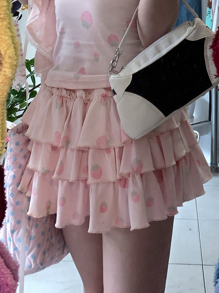 Strawberry Built-in Pink Skirt Tiered Shorts with Print