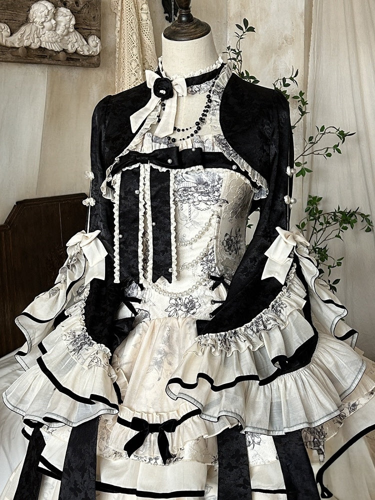 Black Elegant Jacquard Cardigan with White Ruffled Edge - Magic Skirt Cat