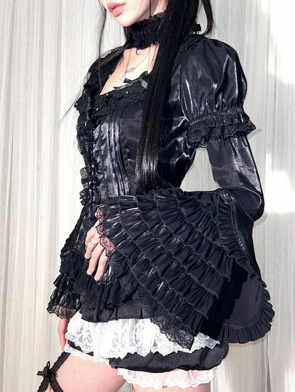 Black Lace-trimmed Sleeves Neck with Puff Sleeve Short Blouse Square