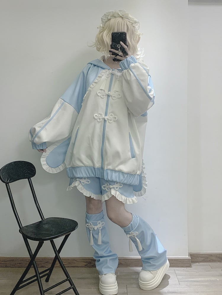 Tenshi Kaiwai Blue Jirai Kei フリルトリムノットボタンショーツ