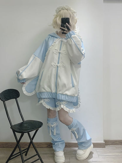 Tenshi Kaiwai Blue Jirai Kei フリルトリムノットボタンショーツ