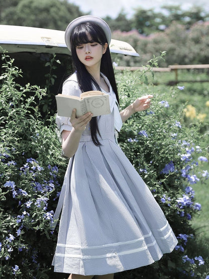 Weiß Gestreiften und Kleid Sommer Ärmeln Taille Puff Blau Gürtel mit