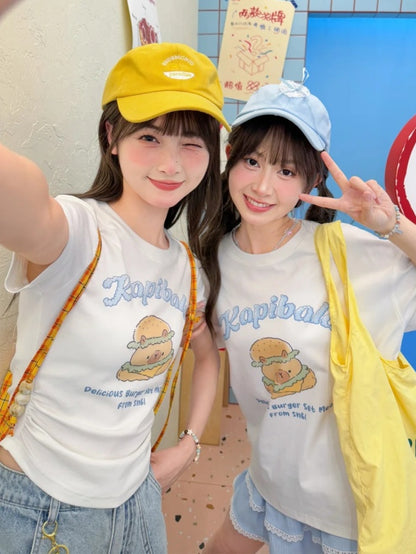 Neck White Round Long Capybara Burger Print T-Shirt Version