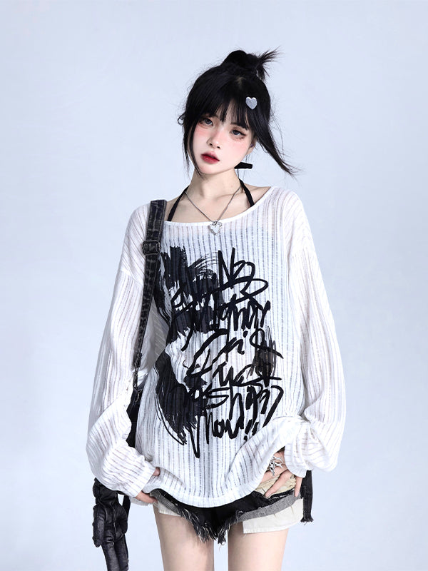 Fit Graffiti Pullover White Knit Print Loose