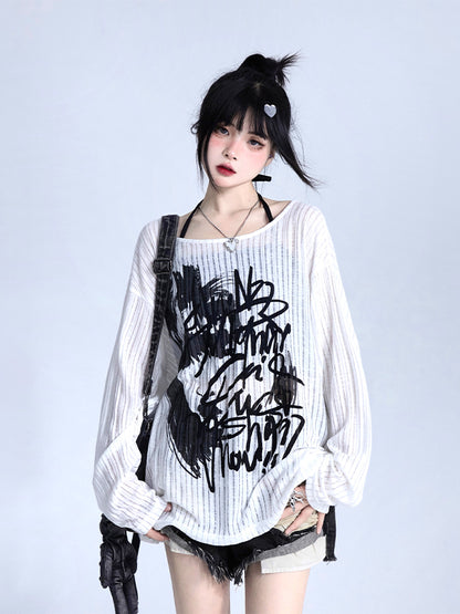 Fit Graffiti Pullover White Knit Print Loose