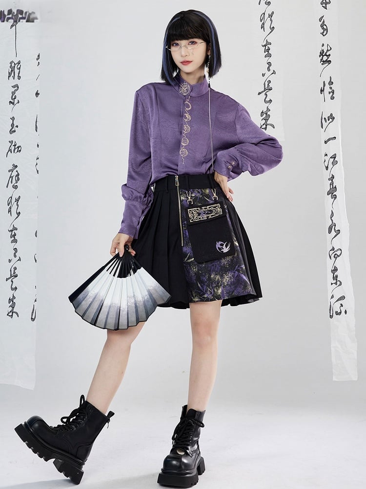 Cheongsam Pleated Patchwork Print Skirt Design - Style Golden Black Detachable Pocket