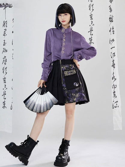 Cheongsam Pleated Patchwork Print Skirt Design - Style Golden Black Detachable Pocket