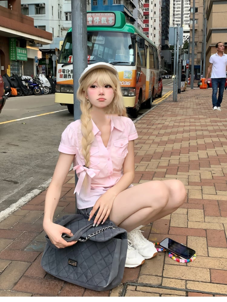 プリーツスカートスタイルのプレッピースイートピンク半袖シャツ/グレーミニ