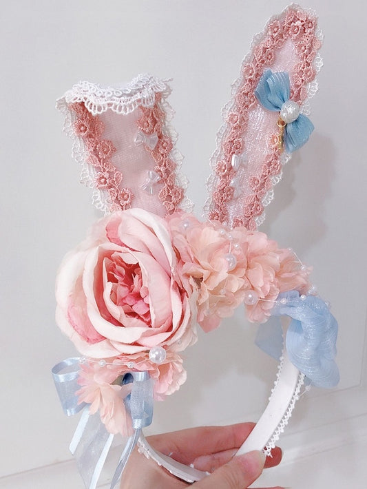 Design Details Ears Sweet KC Decorated Floral Beaded Lolita BluePink Bunny Bowknot