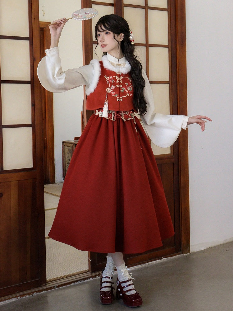 Red Pomegranate Flowers Embroidery Plush Neckline Vest - With PUJI