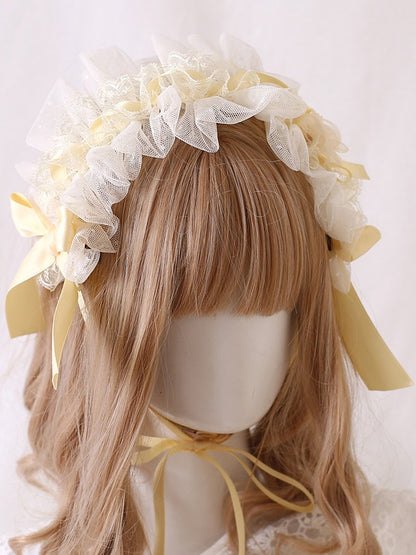 Yellow Creamy Hairband Cute Bowknot White Mesh And Lolita