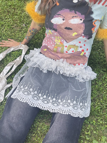 ほろ苦い刺繍入りホワイトY2Kカフトリムパンツフローラルシアーレースアクセサリーフリル