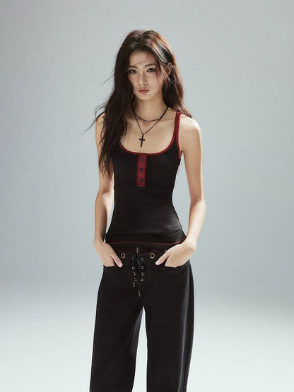 Scoop Top - Cami Red Slim-fitting Black Neckline