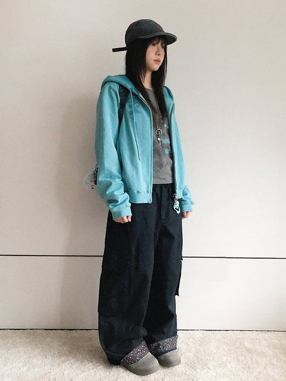 Retro Fall Blue Hooded Zip Jacket with Gecko Motif and Striped Accents - innomoood