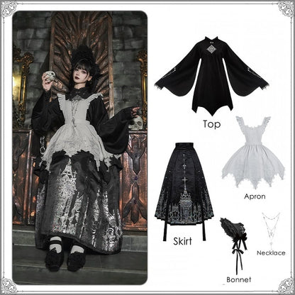 Gothic Necklace Black Top Han Lolita Skirt Bonnet Long Apron Horse-face - Set +
