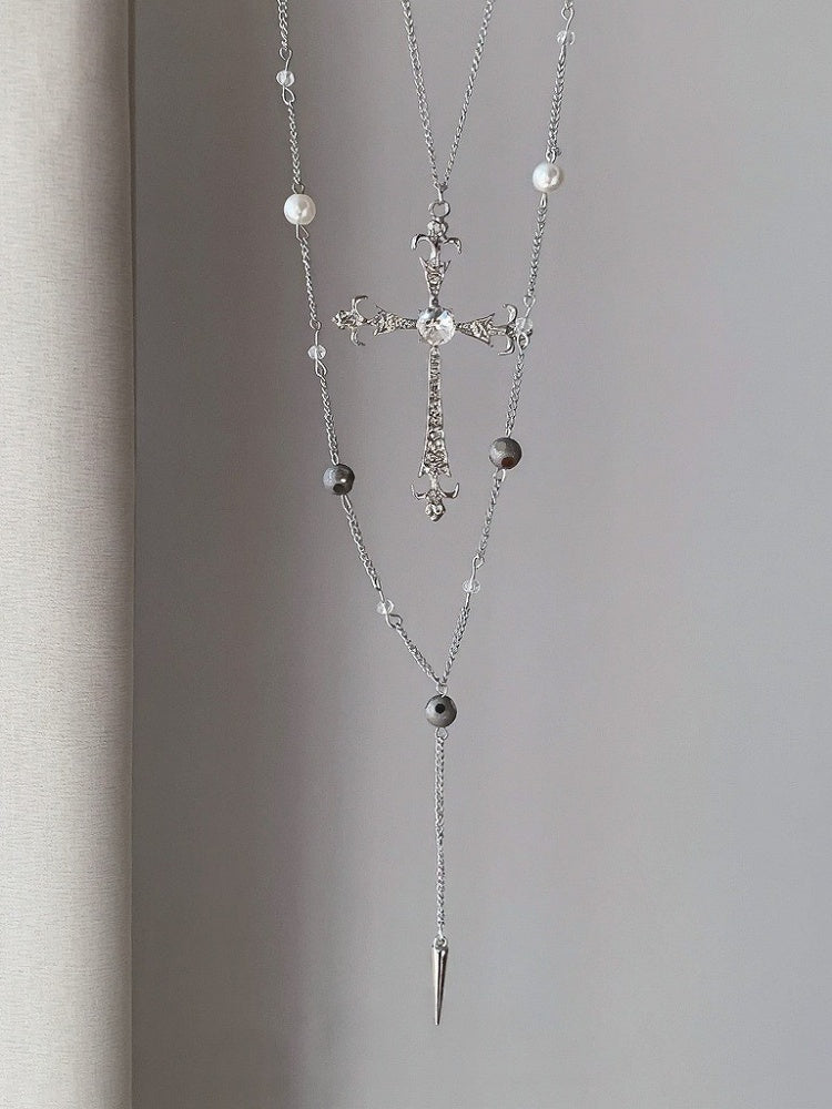 Silver Cross Beaded Layered Necklace - YSHXS