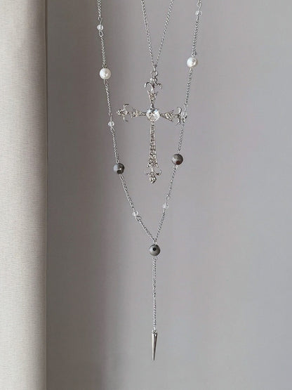 Silver Cross Beaded Layered Necklace - YSHXS
