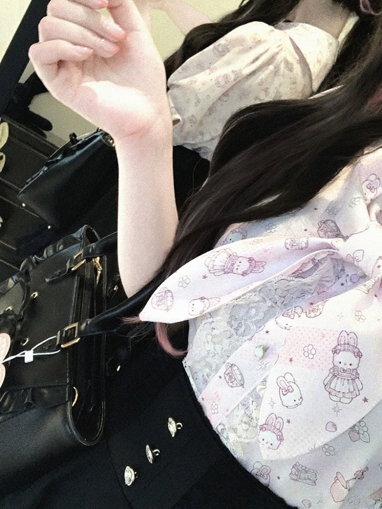 Bunny Ear Bow Collar Blouse, Short Sleeve, Pink & White Print - Kitty Bxllet