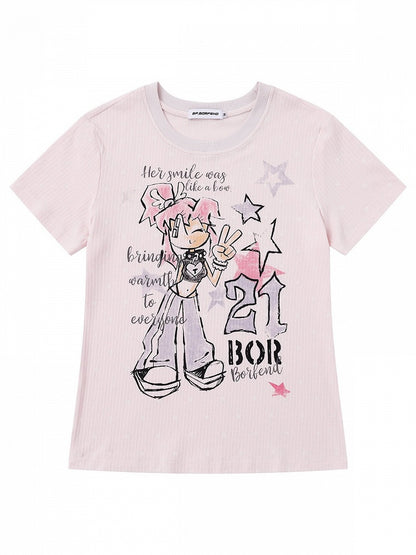 Pink Cartoon Graphic Short Sleeve Tee - Languid Park