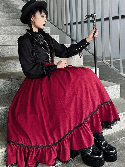 Red Boned High Waist Elegant Classic Lolita Skirt with Lace Trim