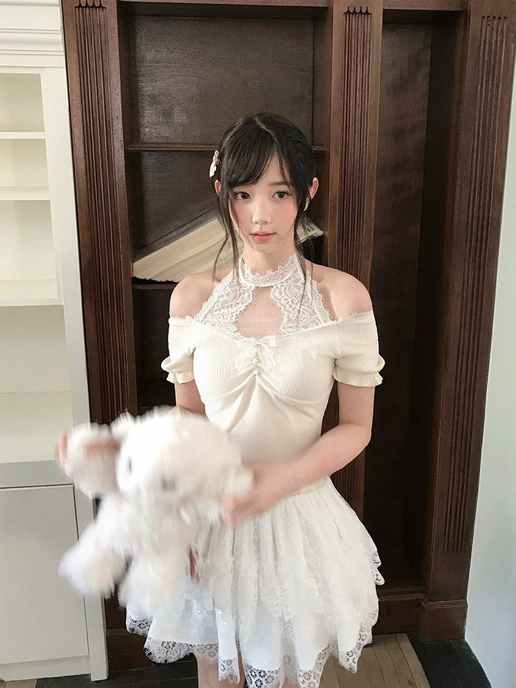 Fashion Skirt White Multi-Layer Lace Trim Seiso-Kei