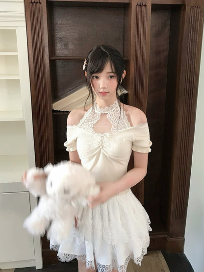 Fashion Skirt White Multi-Layer Lace Trim Seiso-Kei