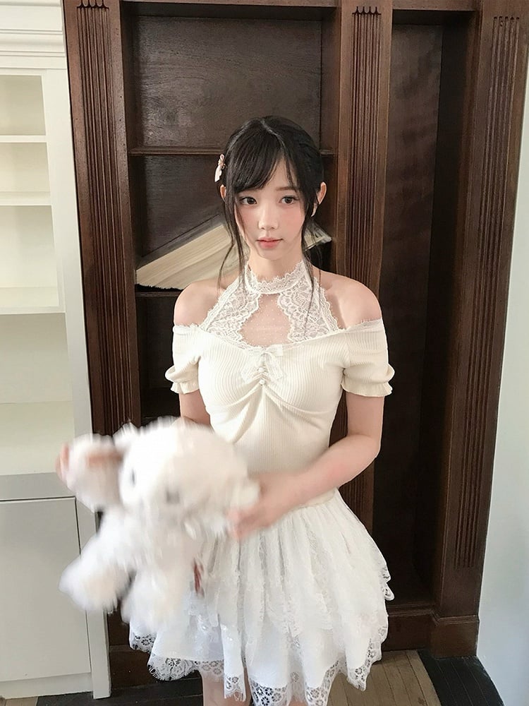 Short Sleeve Apricot Top Knit Seiso-Kei Lace Halter