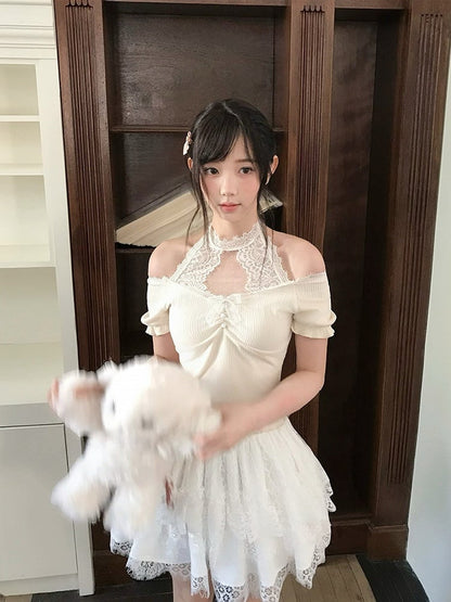 Short Sleeve Apricot Top Knit Seiso-Kei Lace Halter