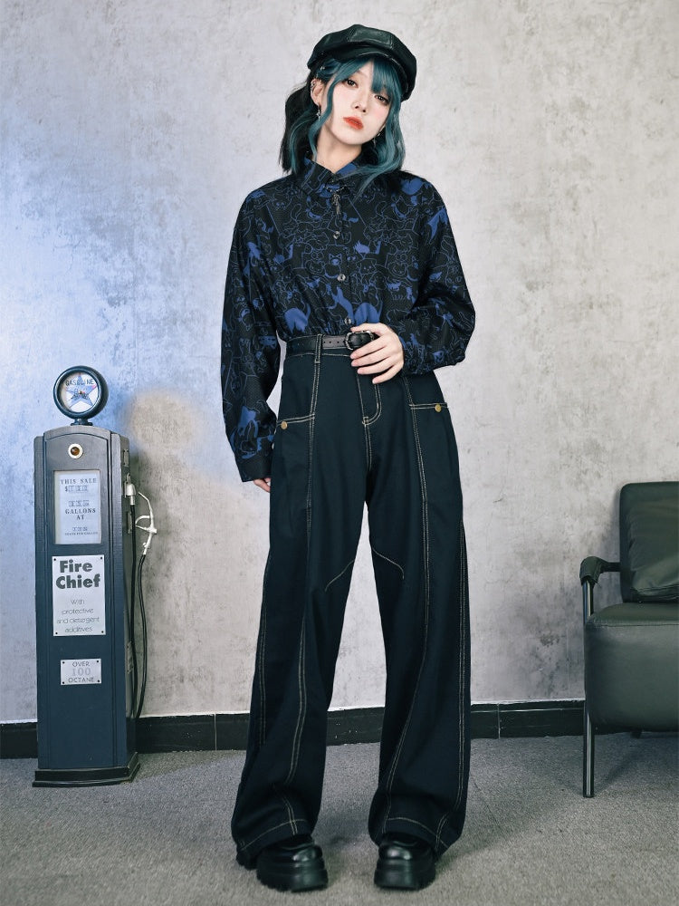 Kitty Print Black Long-Sleeve Shirt with Shell Buttons - Quirky Hut