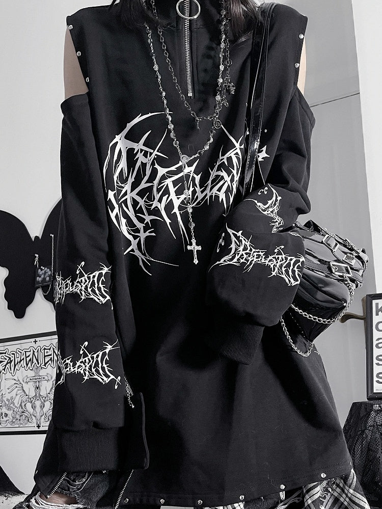 エモパンクショルダーカットアウトブラックレッドスウェットシャツデザイン