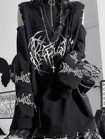 エモパンクショルダーカットアウトブラックレッドスウェットシャツデザイン