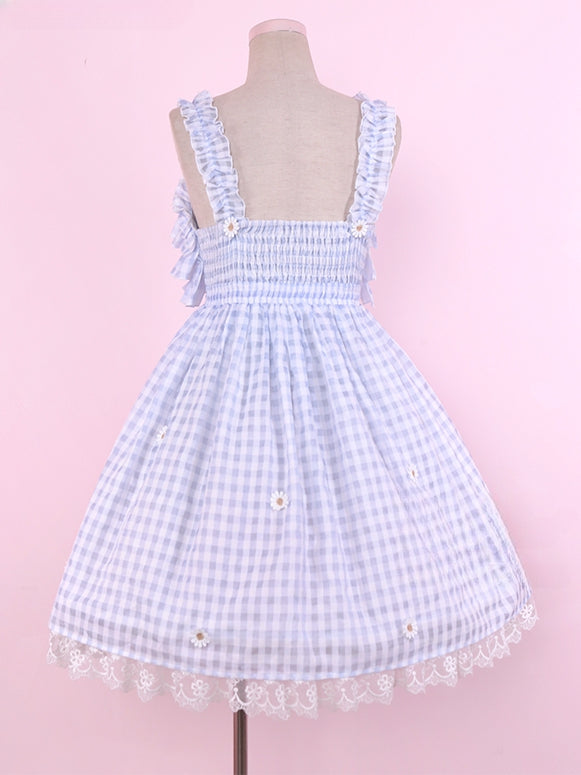 Robe d'été vichy bleue Cottagecore avec bordure en dentelle marguerite et jupe pull Lolita à carreaux