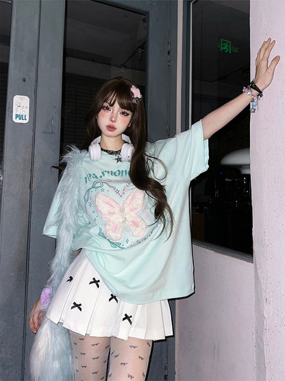 and Lettering Print Butterfly Green T-Shirt with Soft-Textured Oversized Mint Embroidery