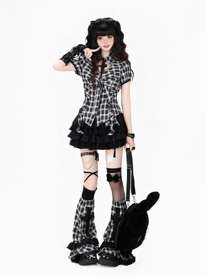 Dark Kawaii Black & White Plaid Detachable Collar Puff Sleeve Blouse with Ruffle Trim - CRAZY GIRL
