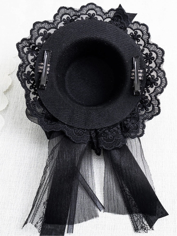 Gothic Hat Black Bow Mini Pearl Lace