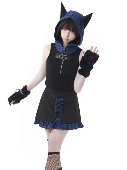 Muster Kapuze Blau Ohren Top Dunkel Schwarz Plaid Ärmellos