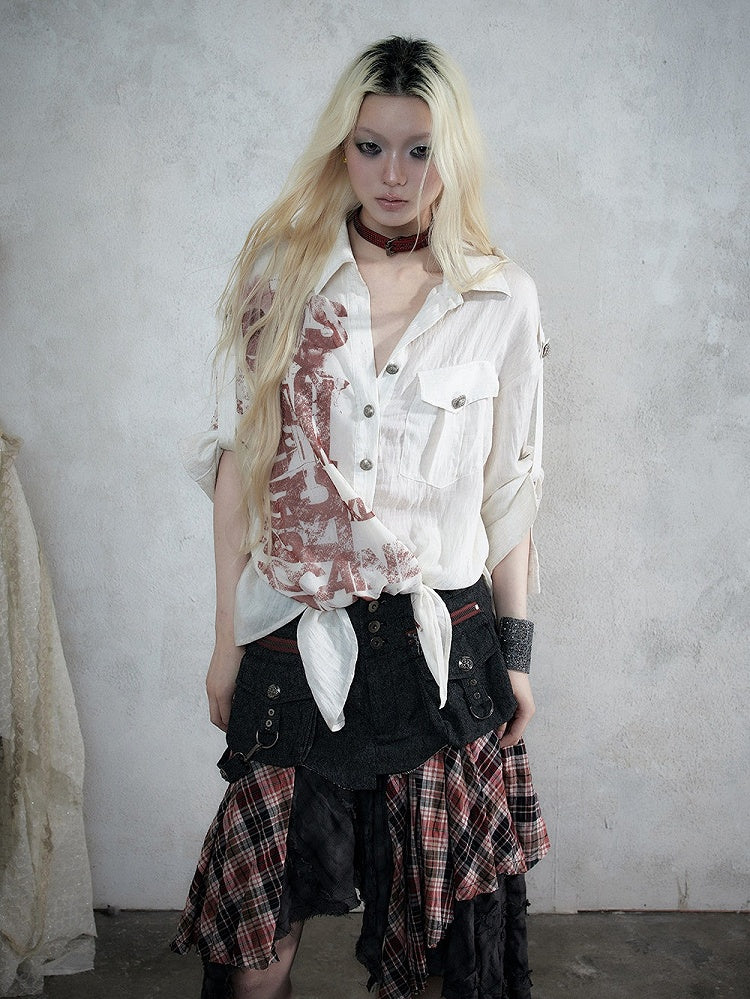 Apricot Distressed Graffiti Print Loose Long Sleeve Shirt, Punk Style - NO ROMANCE