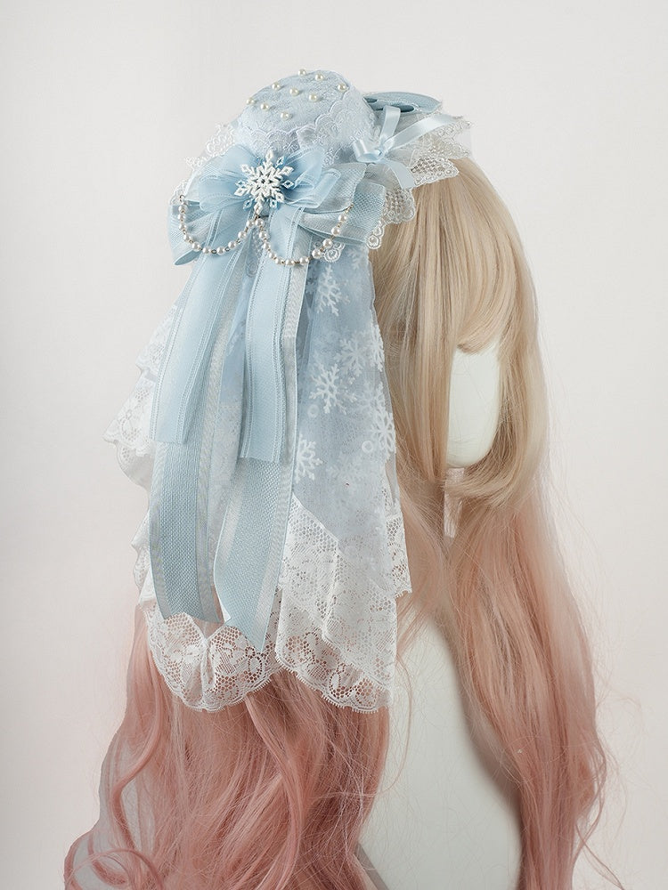 Blue Big Bow Lace Trim Snowflake Beaded Chain Mini Hat+Snowflake Print Lace Veil