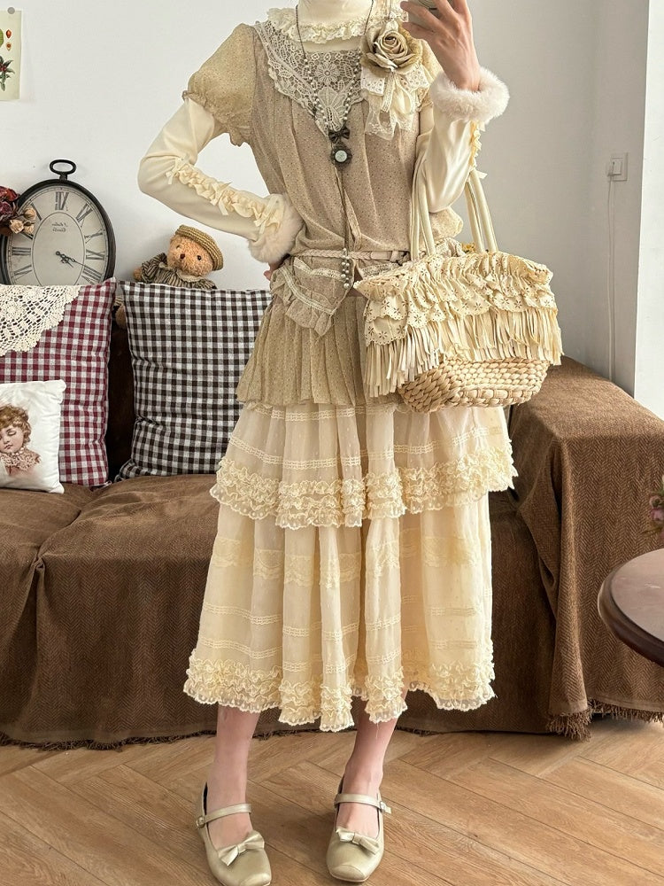 Beige Layered Polka-Dot Lace Skirt - Hana Studio
