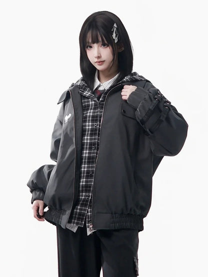 Pattern Jacket Hooded Unisex Grey Plaid - Two-piece