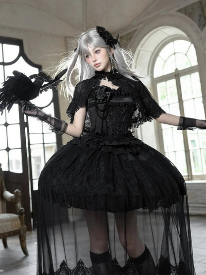 Black Elegant Classic Loli Dress Set with Cape and Brooch - Airfreeing