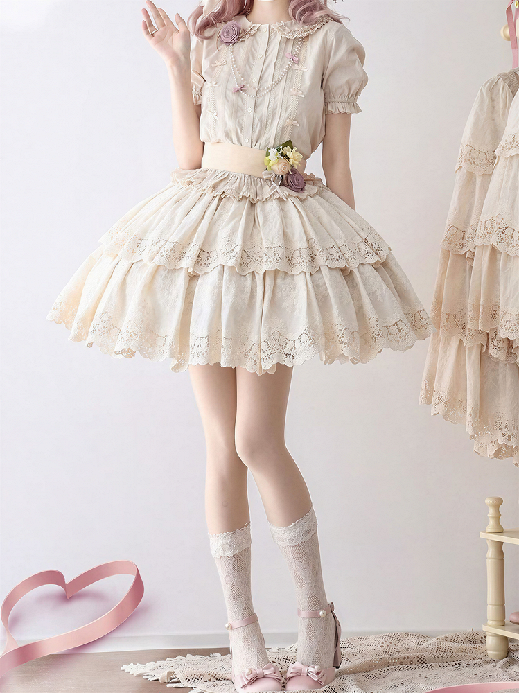 Beige Multi-layer Ruffles Elegant Lolita Skirt Floral Embroidery Details - Miss Point