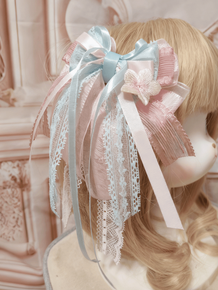 Lolita Flower Pink Blue Embroidered Hairclip Bowknot