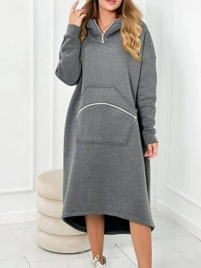 FashionChic Women's Hooded Midi Dress | Casual Polyester Dress with Pockets & Zipper (S-5XL)