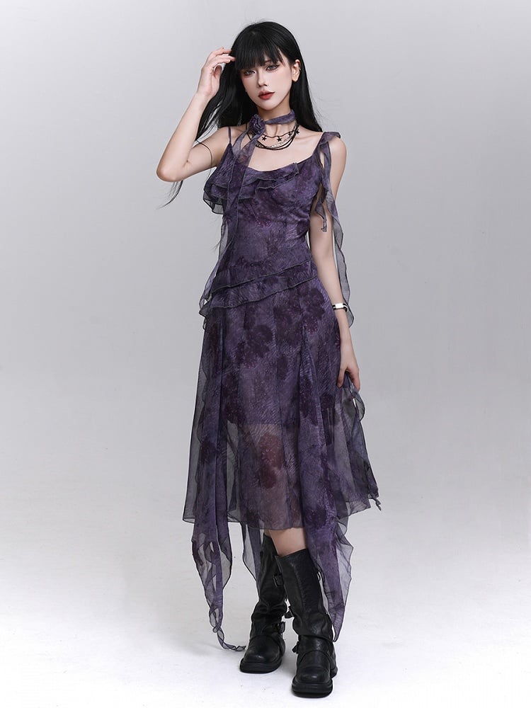 Flowing Strap Dress Matching Purple Handkerchief Neck Gothic Tie-Dye Hem with Ribbons Slip