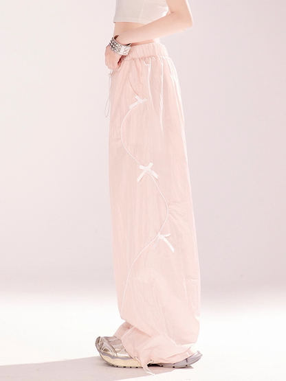 詳細 ワイドレッグカジュアルパンツ ピンクのドローストリングウエストと袖口 蝶結び