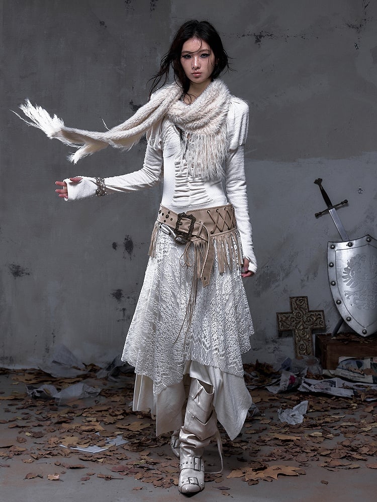 Fringe Vintage Punk Scarf White Long Faux Triangle Mink Y2K